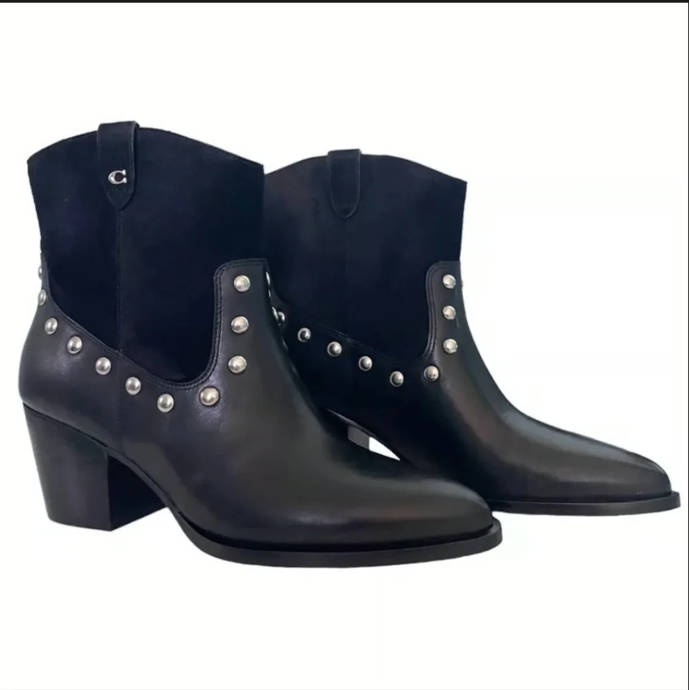COACH Pauline Leather Suede Bootie Black 8.5 B Womens Studded Western Ankle Boot - Picture 1 of 8